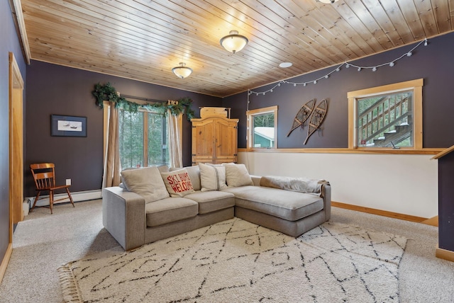 living room featuring wooden ceiling, a baseboard radiator, baseboards, and carpet flooring