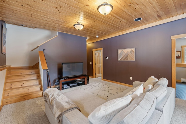 carpeted living room featuring wood ceiling, stairway, and baseboards