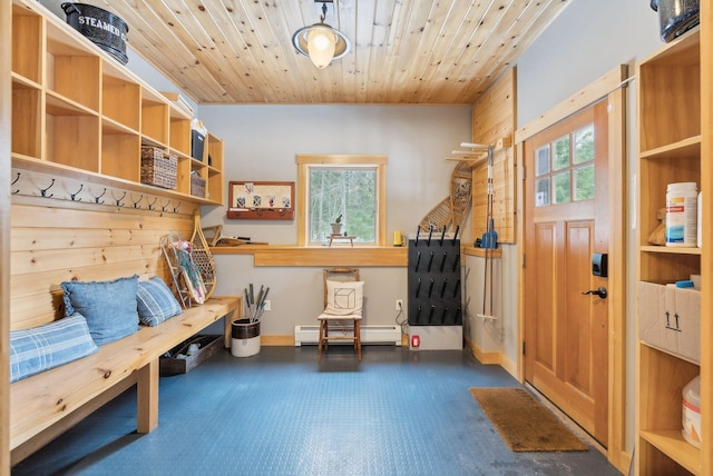 mudroom featuring wooden ceiling and a baseboard radiator