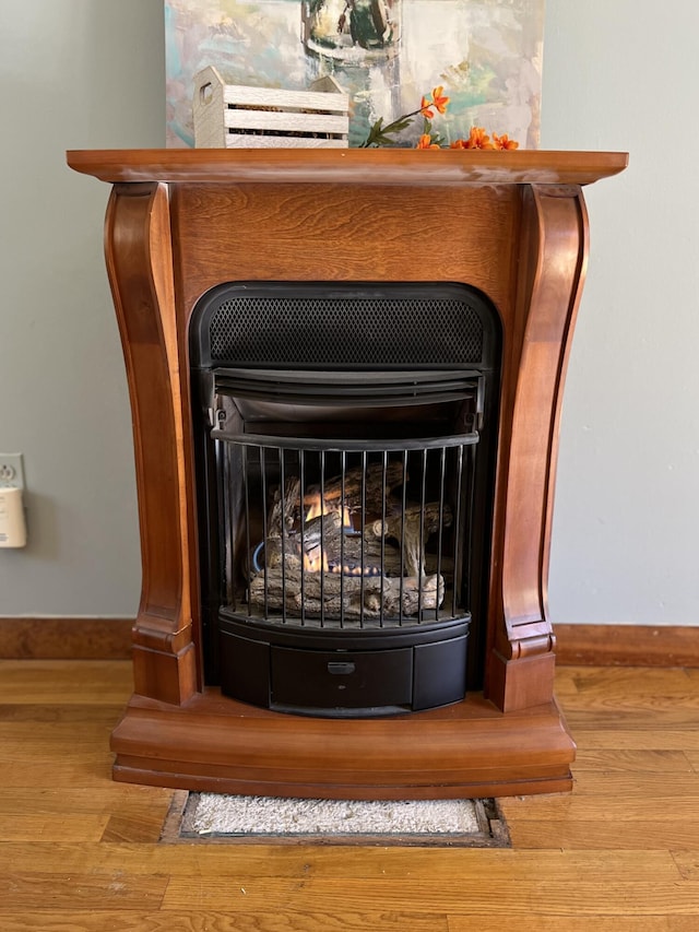 room details featuring a fireplace, baseboards, and wood finished floors