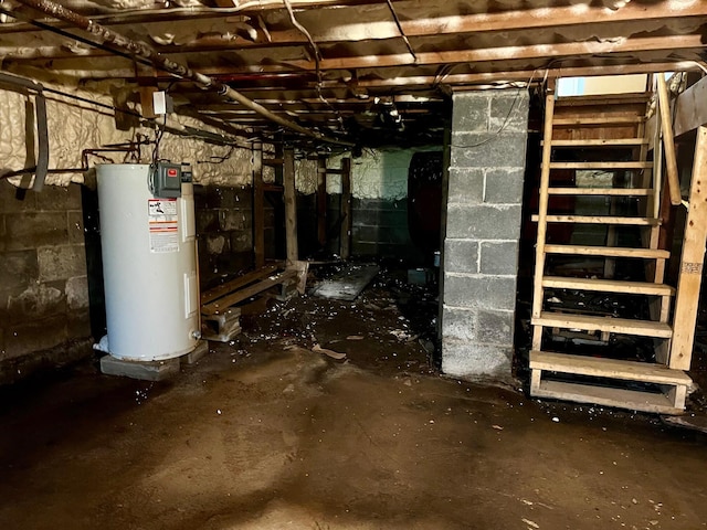 unfinished basement featuring electric water heater