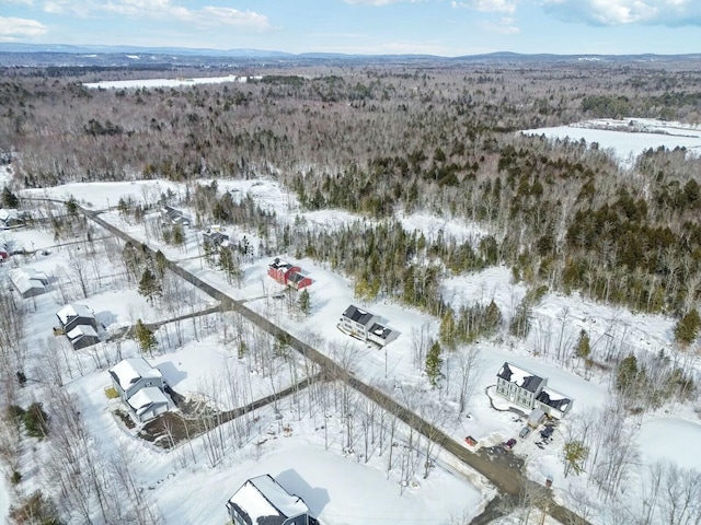 snowy aerial view featuring a forest view