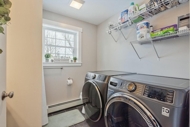 laundry room featuring laundry area, baseboard heating, and independent washer and dryer