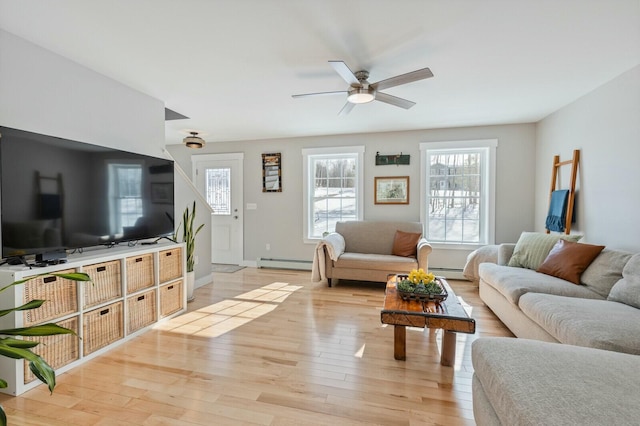 living area with ceiling fan, a baseboard radiator, baseboards, light wood-style floors, and baseboard heating