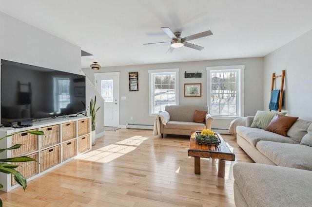 living area with a baseboard heating unit, light wood-type flooring, a ceiling fan, and baseboards