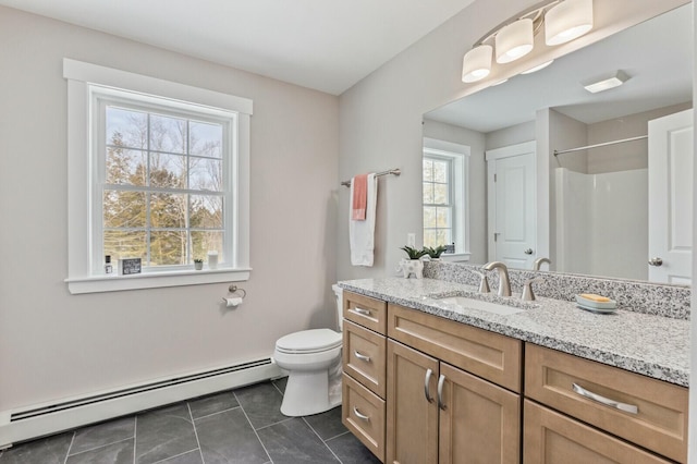 full bath with a shower, toilet, baseboard heating, vanity, and tile patterned flooring