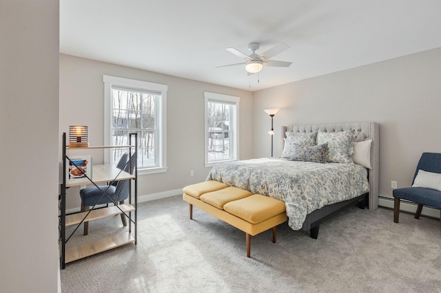 bedroom with baseboard heating, carpet flooring, ceiling fan, and baseboards