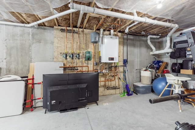 unfinished basement featuring water heater