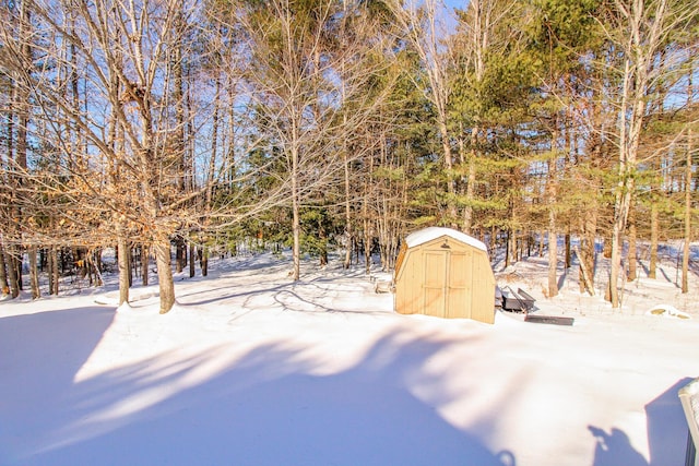 snowy yard with an outbuilding and a storage unit