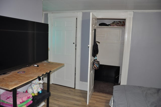 bedroom with wood finished floors and a closet