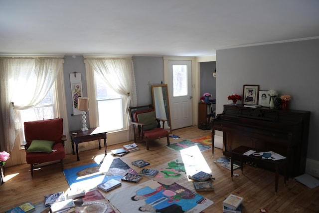 living area with ornamental molding and wood finished floors