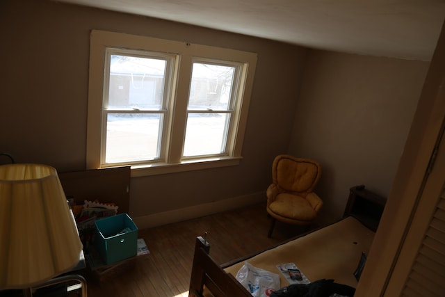 bedroom featuring multiple windows, baseboards, and wood finished floors