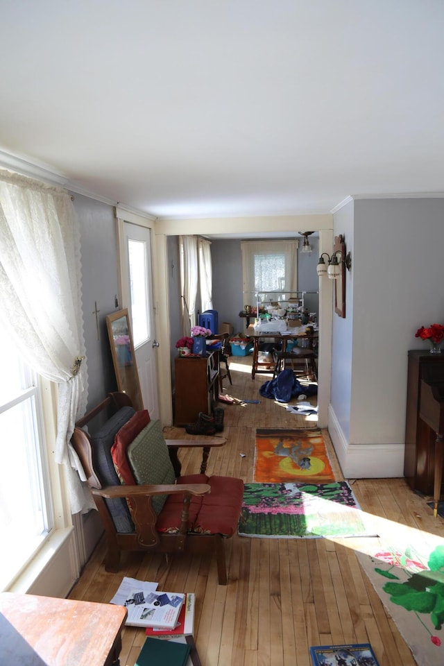 interior space featuring light wood-type flooring, crown molding, and baseboards