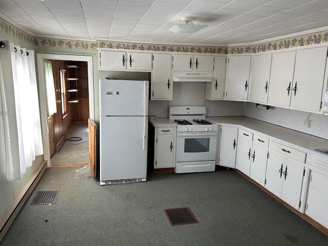 kitchen featuring visible vents, white appliances, white cabinets, and under cabinet range hood