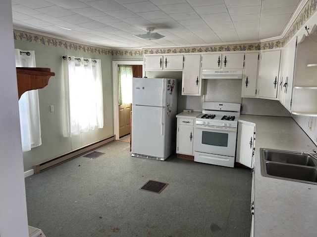 kitchen featuring white appliances, under cabinet range hood, white cabinets, and light countertops