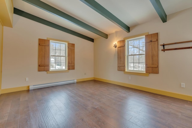 unfurnished room with vaulted ceiling with beams, a baseboard radiator, wood finished floors, and baseboards