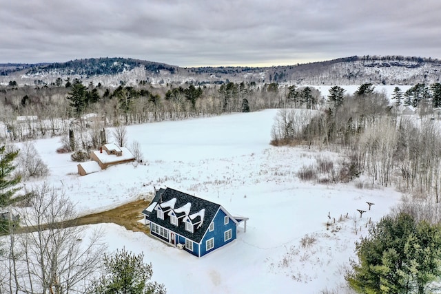 snowy aerial view featuring a mountain view