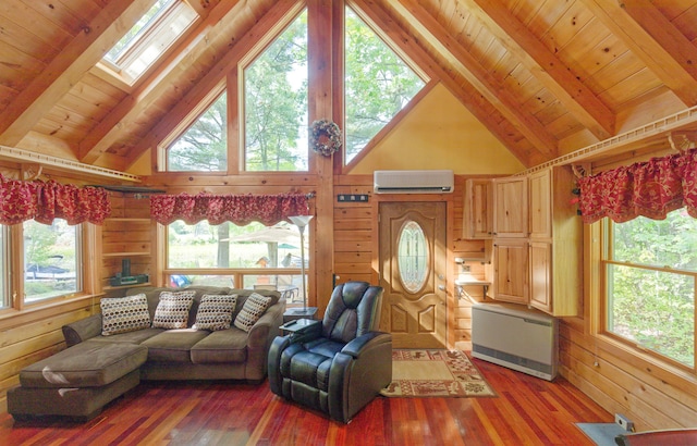 living room featuring a wall unit AC, wood finished floors, wooden ceiling, and wooden walls