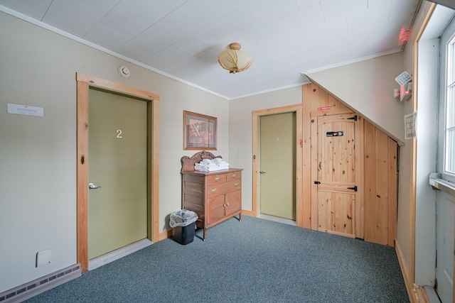 interior space with ornamental molding, baseboard heating, and carpet flooring