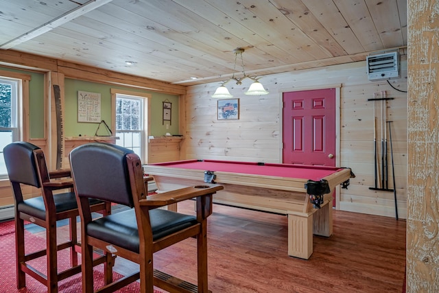 game room with wooden walls, wood ceiling, billiards, and wood finished floors