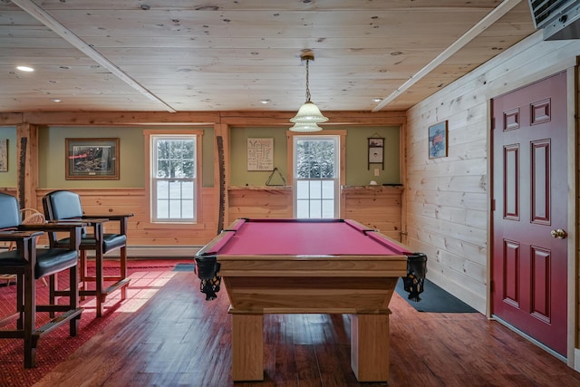 recreation room with wooden walls, wooden ceiling, dark wood-type flooring, pool table, and baseboard heating