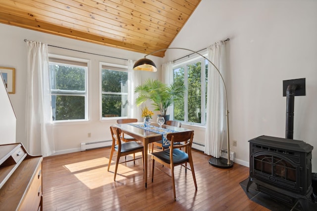 dining space featuring lofted ceiling, a baseboard radiator, wood ceiling, a wood stove, and hardwood / wood-style flooring