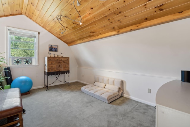 living area with lofted ceiling, carpet floors, wooden ceiling, and baseboards