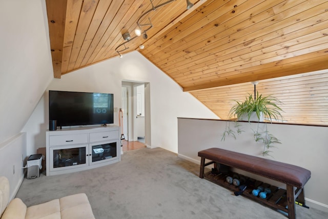 living area featuring vaulted ceiling, wooden ceiling, carpet flooring, and baseboards