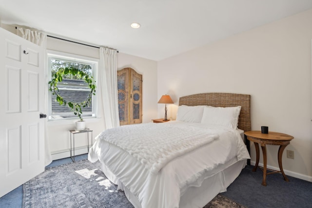 carpeted bedroom featuring a baseboard radiator, baseboards, and recessed lighting