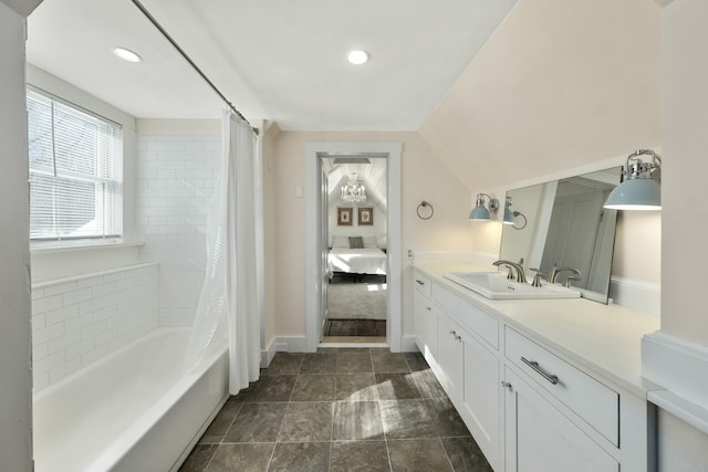 bathroom with shower / bath combination with curtain, lofted ceiling, recessed lighting, connected bathroom, and vanity