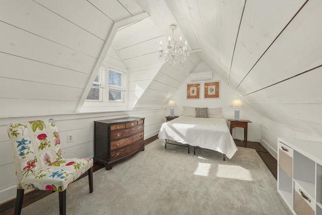 bedroom with light colored carpet, lofted ceiling, wooden ceiling, an inviting chandelier, and a wall mounted AC