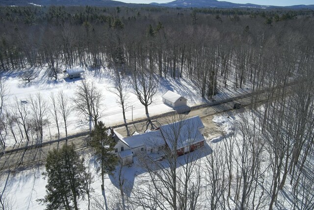 snowy aerial view with a forest view