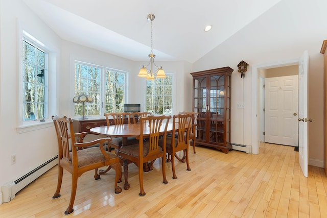 23 Sunny Acres Ln, Boothbay, ME 04537 - dining area featuring baseboard heating, light wood-type flooring, vaulted ceiling, and recessed lighting