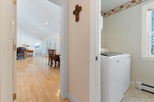23 Sunny Acres Ln, Boothbay, ME 04537 - laundry area featuring baseboard heating, washing machine and clothes dryer, light wood-type flooring, baseboards, and recessed lighting