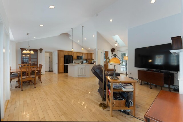 23 Sunny Acres Ln, Boothbay, ME 04537 - living area featuring light wood-style flooring, recessed lighting, and high vaulted ceiling