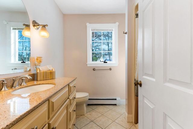 23 Sunny Acres Ln, Boothbay, ME 04537 - bathroom featuring a baseboard heating unit, vanity, tile patterned flooring, toilet, and baseboards