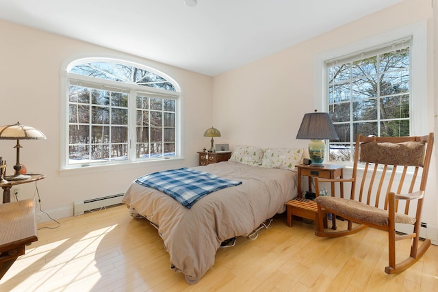 23 Sunny Acres Ln, Boothbay, ME 04537 - bedroom featuring a baseboard radiator, light wood finished floors, and baseboards