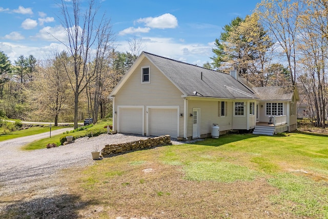 23 Sunny Acres Ln, Boothbay, ME 04537 - view of property exterior featuring a yard, a chimney, driveway, and a shingled roof