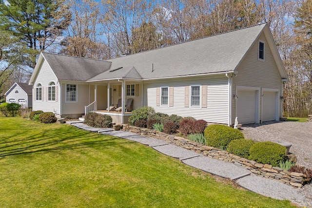 23 Sunny Acres Ln, Boothbay, ME 04537 - view of front facade featuring covered porch, a front yard, driveway, and roof with shingles