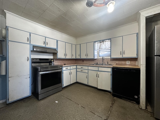 kitchen featuring white cabinets, dishwasher, under cabinet range hood, stainless steel range with electric stovetop, and a sink