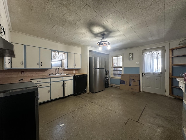 kitchen with electric stove, black dishwasher, freestanding refrigerator, white cabinets, and a sink