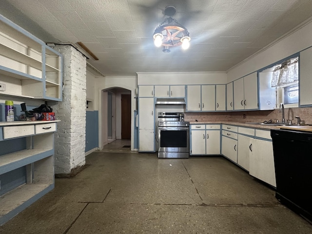 kitchen with arched walkways, black dishwasher, white cabinetry, a sink, and stainless steel electric range