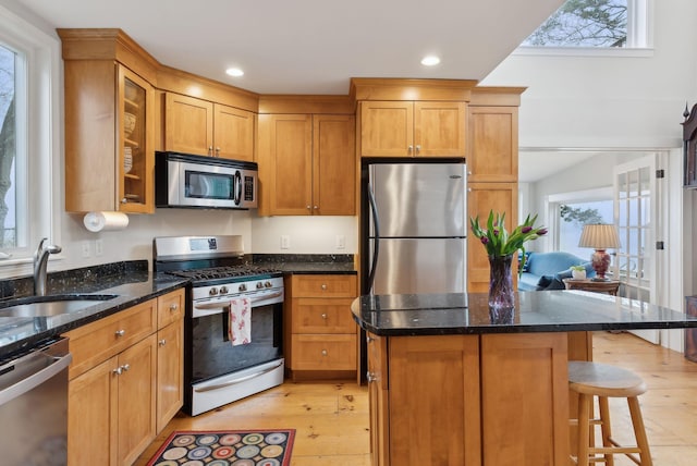 kitchen with stainless steel appliances, a sink, plenty of natural light, light wood finished floors, and recessed lighting