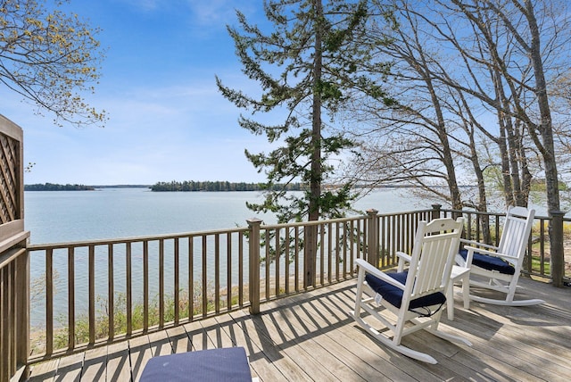 deck featuring a water view