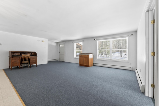 unfurnished living room featuring a baseboard radiator, carpet flooring, and baseboard heating