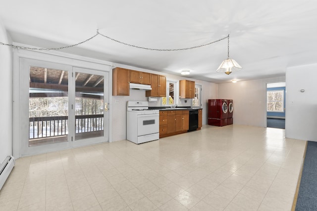 kitchen with black dishwasher, pendant lighting, brown cabinetry, white range with gas cooktop, and under cabinet range hood