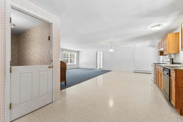 kitchen featuring wallpapered walls, range, dishwasher, a baseboard radiator, and open floor plan