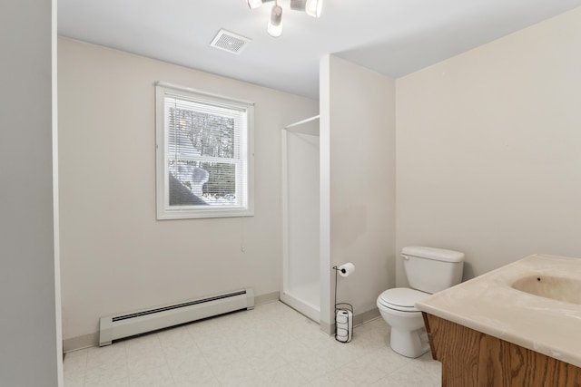 bathroom featuring visible vents, toilet, walk in shower, baseboard heating, and vanity