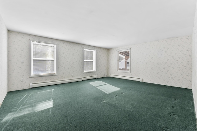 carpeted empty room with a baseboard radiator and wallpapered walls