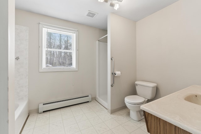 bathroom with visible vents, baseboards, toilet, a baseboard radiator, and vanity